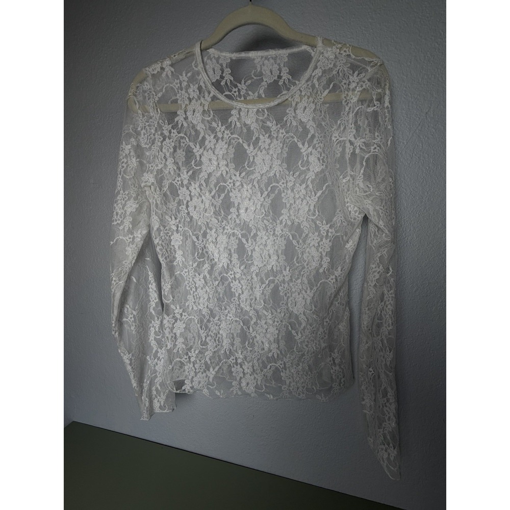 White Sheer Lace Long Sleeve Top Floral Mesh Blouse Romantic‎ Layering